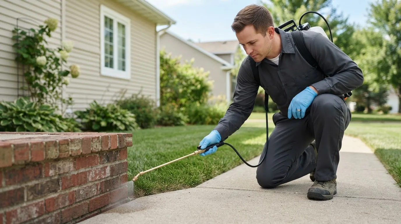 Pest control technician treating a home near Arnold, CA