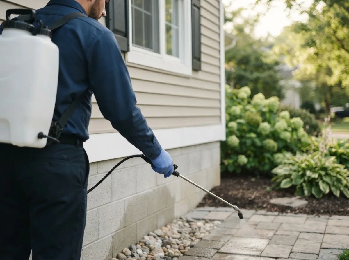 Pest control technician inspecting a home in Arnold, CA